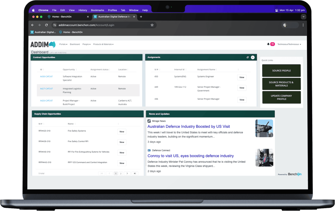 Australian Digital Defence Industry Matrix ADDIM dashboard showing real-time Defence industry capability and sourcing insights.