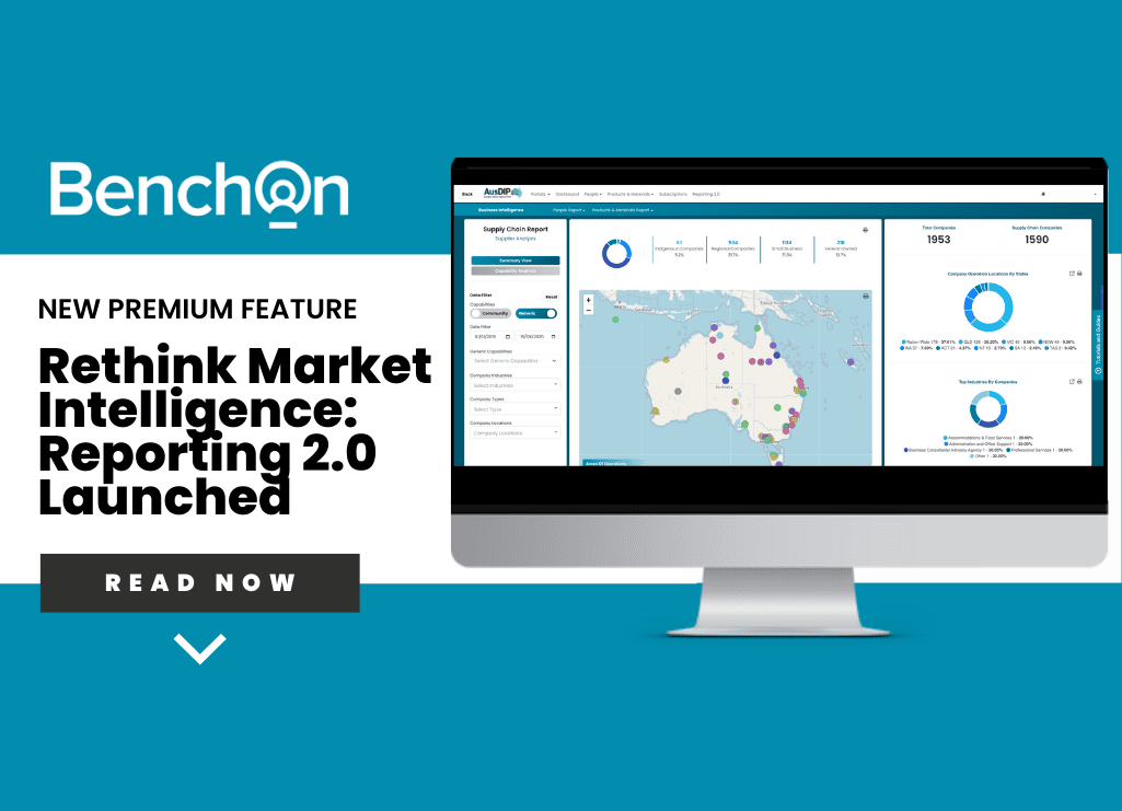 Supply chain analytics and market intelligence dashboard on computer screen for BenchOn report launch.
