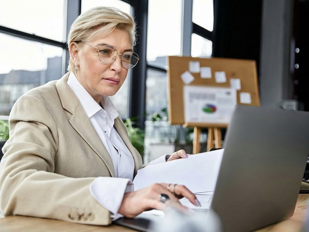 Business professional checking South Australia labour hire licensing details on a laptop while reviewing supplier paperwork